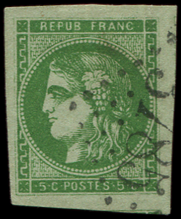 42B   5c. Vert-jaune, R II, Grandes Marges (2 Amorces De Voisins) Obl.,GC 3785, TTB/Superbe - 1870 Emission De Bordeaux