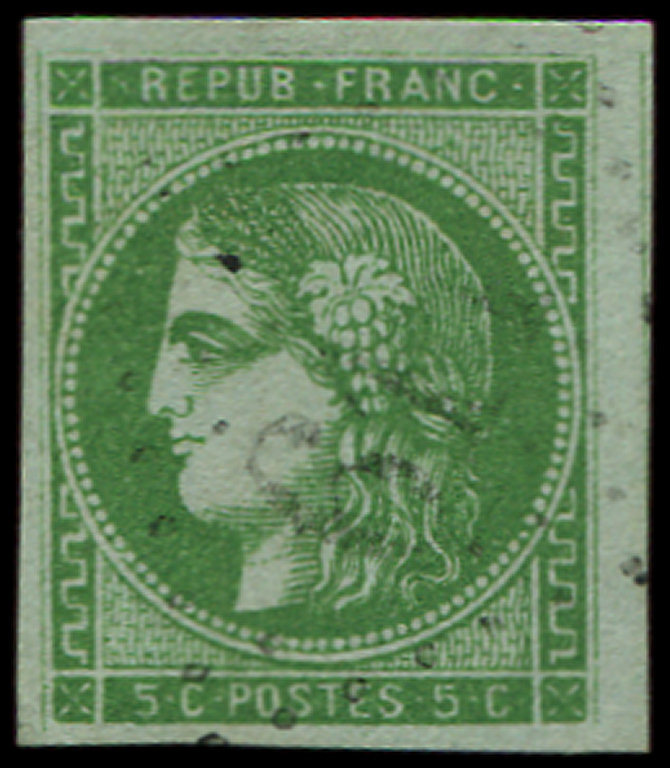 42B   5c. Vert-jaune, R II, Amorce De Voisin à Droite, Obl. GC Léger, TTB - 1870 Emission De Bordeaux