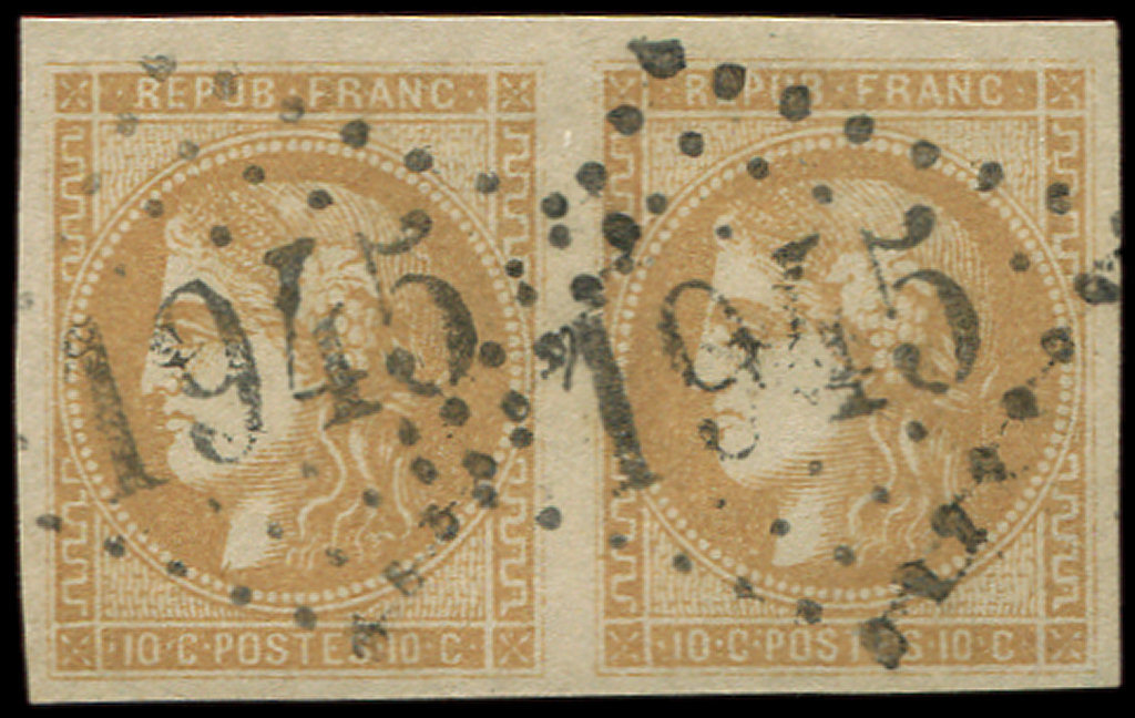 43A  10c. Bistre, R I, PAIRE Obl. GC 1945, TTB - 1870 Emission De Bordeaux