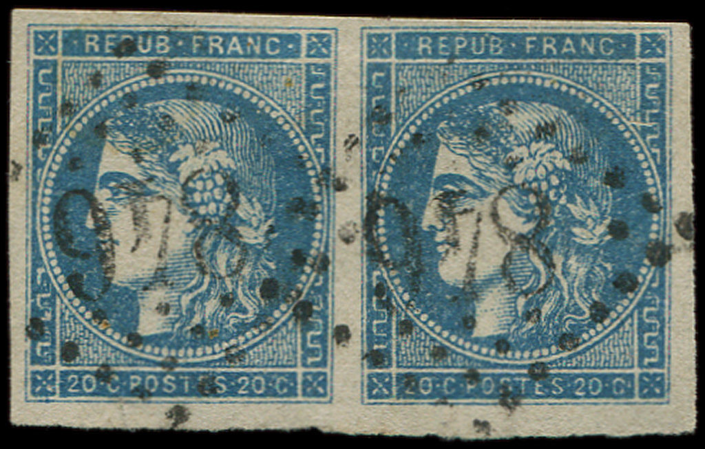45B  20c. Bleu, T II, R II, PAIRE Obl. GC 846, TB - 1870 Emission De Bordeaux