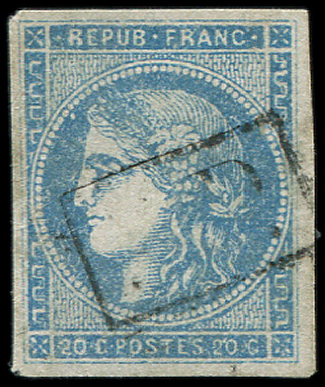 45C  20c. Bleu, T II, R III, Obl. PP, Défx, B/TB - 1870 Emission De Bordeaux