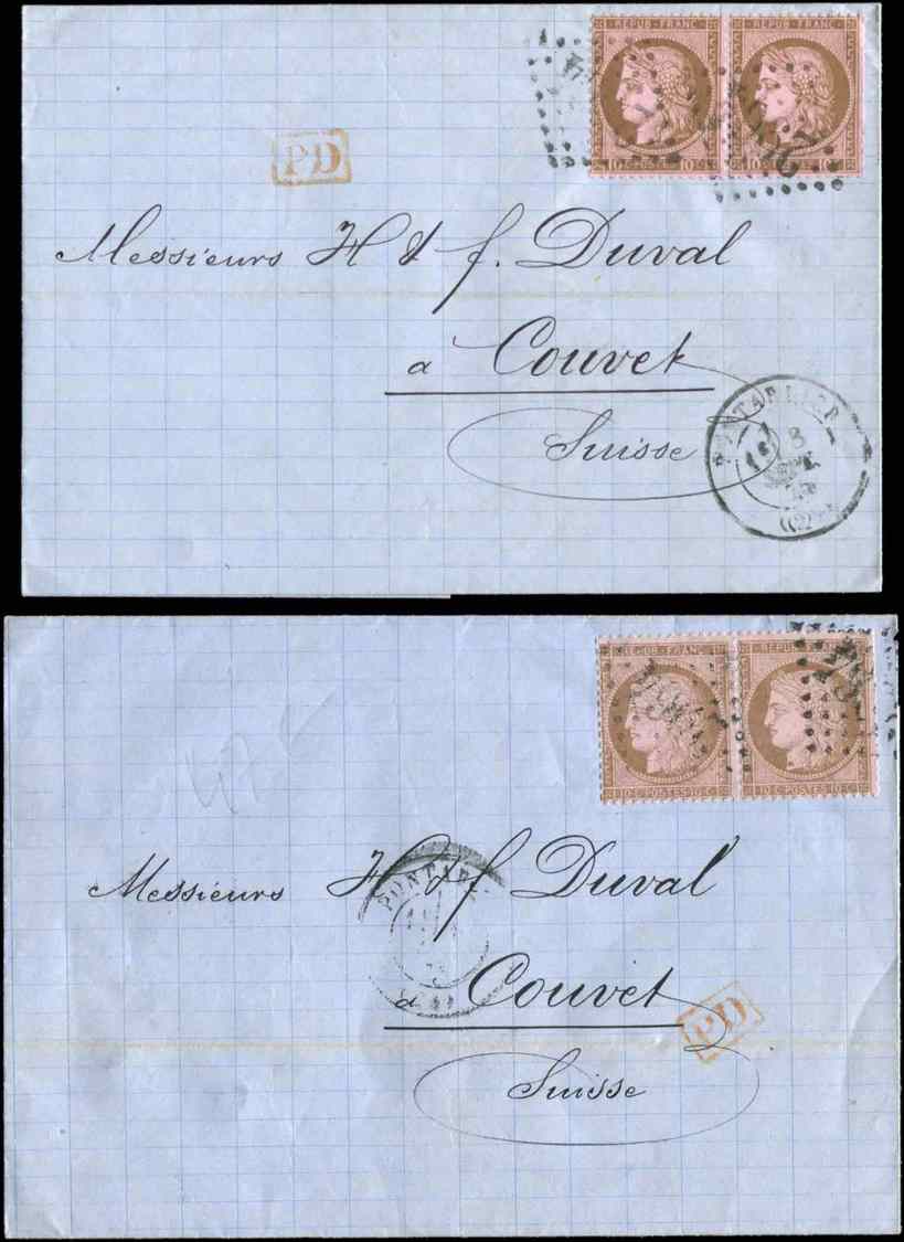 Let 54   10c. Brun Sur Rose PAIRE Et N°58 10c. Brun S. Rose PAIRE, Tous Obl. GC 2964 S. 2 LAC, Càd T17 PONTARLIER, Arr. - 1849-1876: Période Classique