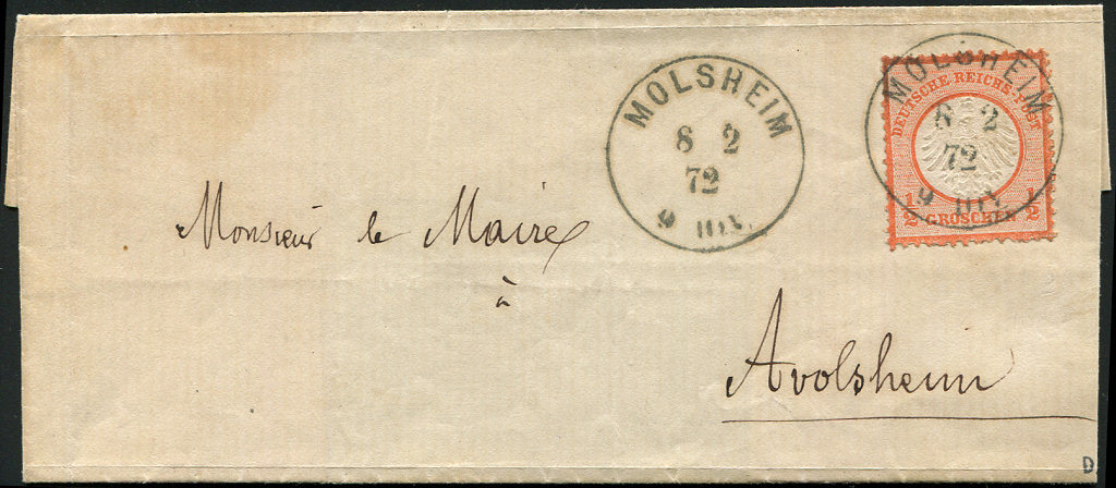 Let Affranchissements Avec Timbres D'Allemagne 1/2gr. Vermillon (N°3) Obl. Càd MOLSHEIM 8/2/72 S. LSC Locale, R Et TB - Lettres & Documents