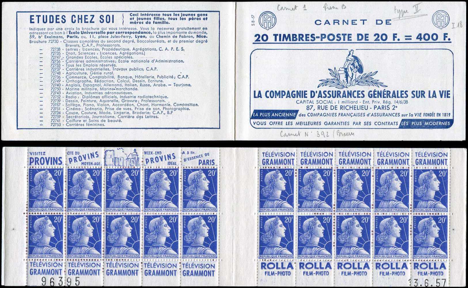 358  Muller, 20f. Bleu, N°1011BB, T II, S. 8-57, ASSURANCES VIE, Daté 13/6/57, N°96395, TB - Autres & Non Classés