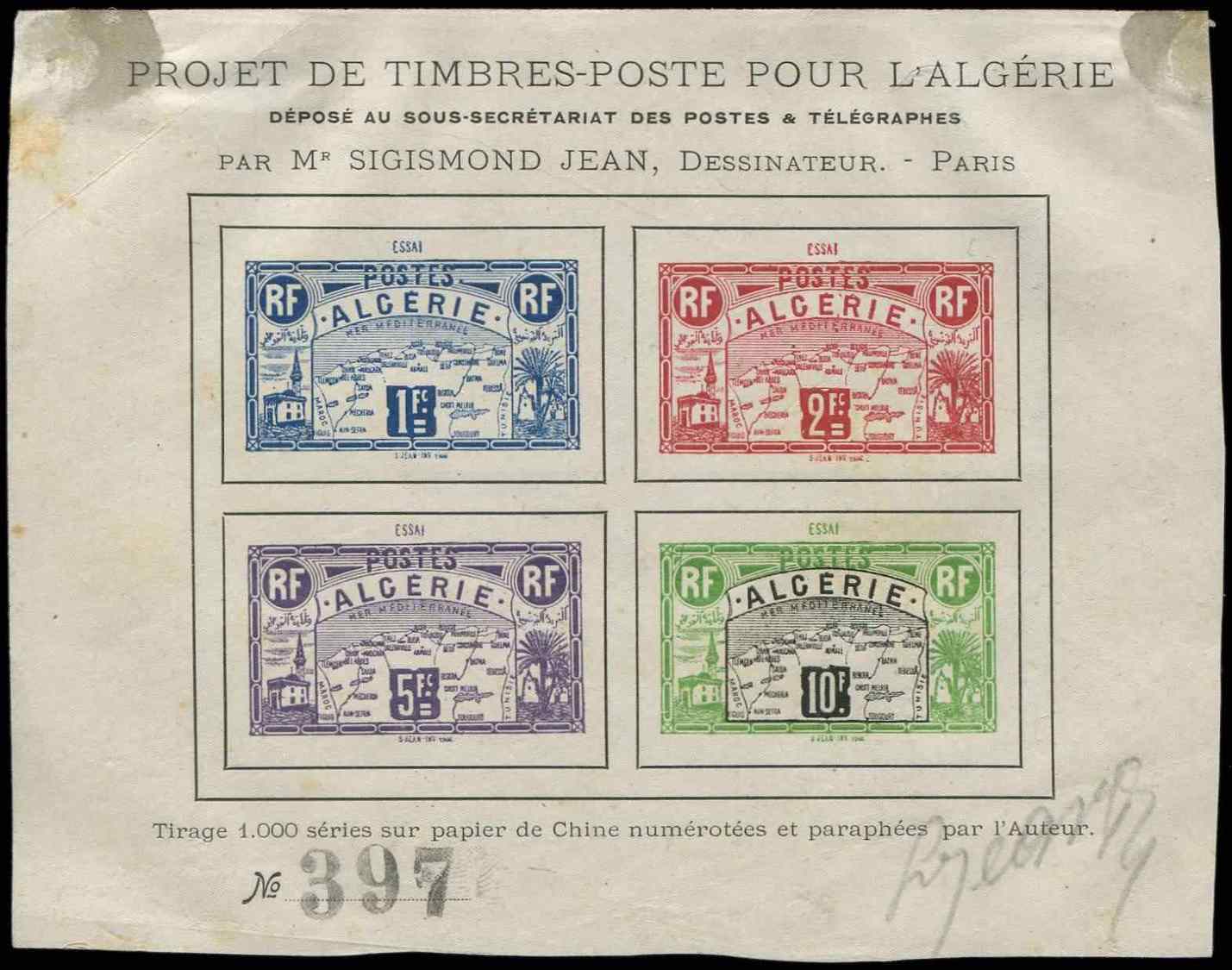 (*) ALGERIE 1906 : Projet De Timbres-Poste Pour L'Algérie De J. Sigismond Dans Un BLOC De 4 Valeurs 1f., 2f., 5f., 10f., - Autres & Non Classés