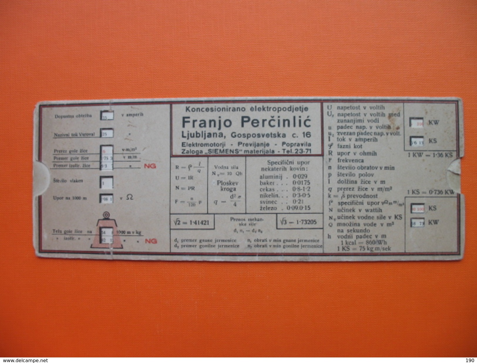 Franjo Percinlic,Ljubljana.Elektromotorji,zaloga SIEMENS Materijala - Material Und Zubehör