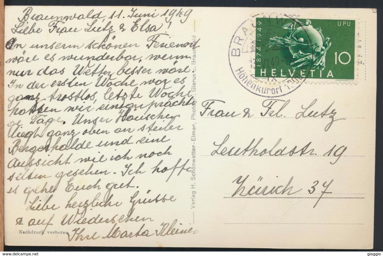 °°° 7005 - SVIZZERA - GL - BRAUNWALD - TODIKETTE V. RUBSCHEN AUS GESEHEN - 1949 With Stamps °°° - Braunwald