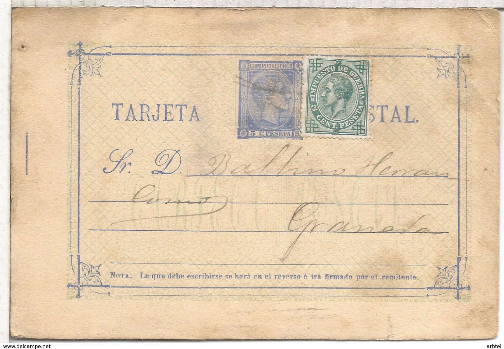 ENTERO POSTAL ALFONSO XII CON IMPUESTO DE GUERRA A GRANADA - 1850-1931