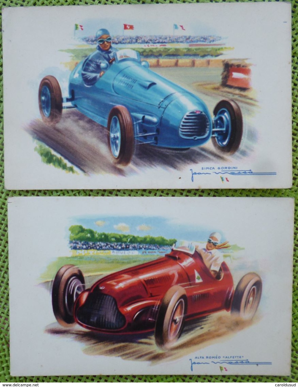 Lot 2x Litho Illustrateur JEAN MASSA VOITURE DE COURSES AUTOMOBILE SIMCA GORDINI  ET ALFA ROMEO ALFETTE - Autres & Non Classés