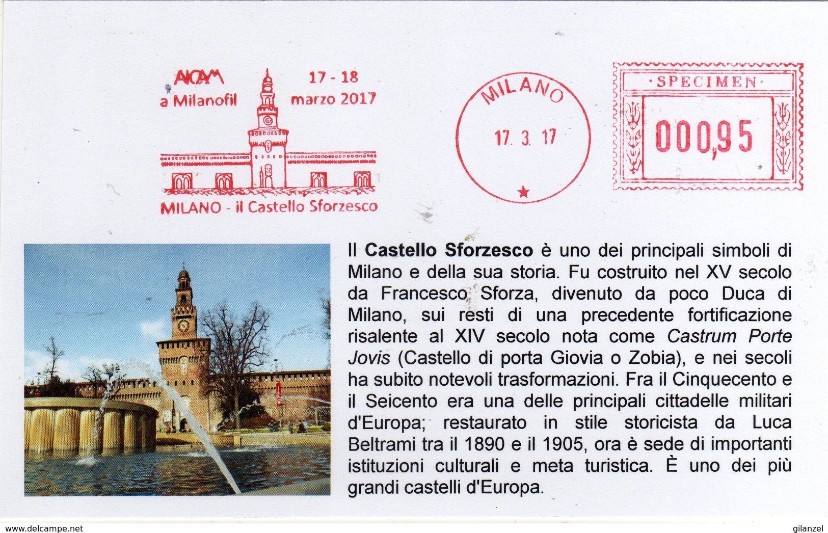 Italia 2017 MILANOFIL Esposizione Filatelica Castello Sfozesco Cartolina Con Annullo Affrancatura Meccanica Rossa - Esposizioni Filateliche