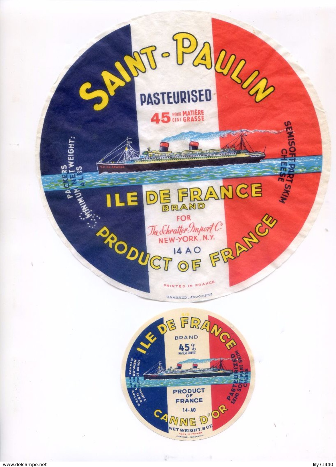 Lot De 2 St Paulin Ile De France Brand Canne D'Or  Ancienne étiquette Fromage For Schratter Import New York Saint - Fromage