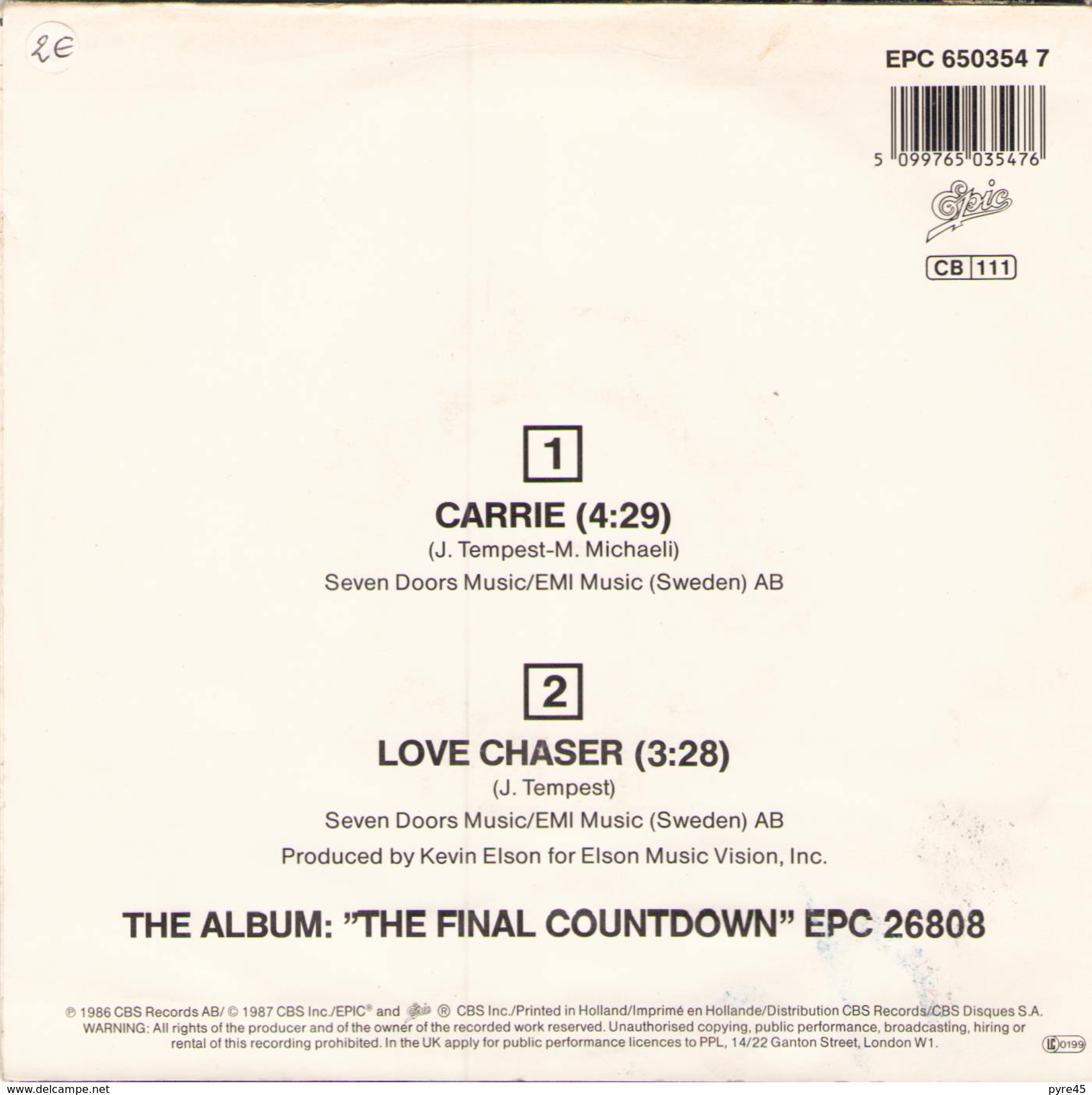 45 TOURS EUROPE EPIC 650354 CARRIE / LOVE CHASER - Rock