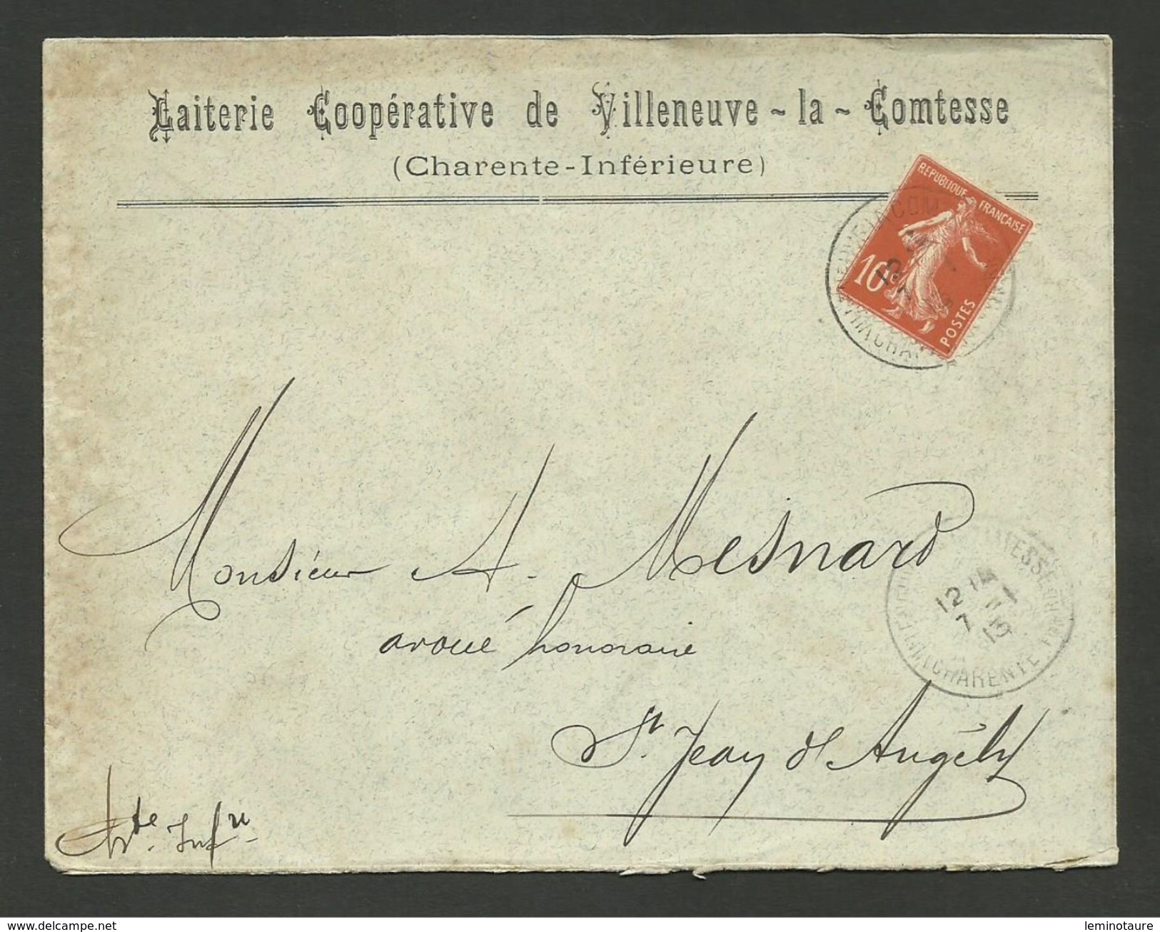 Enveloppe " Laiterie Coopérative De VILLENEUVE LA COMTESSE " - CHARENTE MARITIME / Semeuse 1913 - 1877-1920: Période Semi Moderne