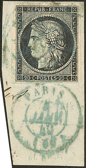 Janvier 1849. Petit Cad Bleu 4 Janv 49 De Paris, Sur N°3, Répété à Côté Sur Petit Fragment. - TB. - R - 1849-1850 Cérès