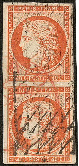 "4" Retouché. No 5fa, En Paire Verticale Avec Normal, Obl Grille Sans Fin + Cad Rouge, Très Jolie Pièce. - TB. - RR - 1849-1850 Ceres