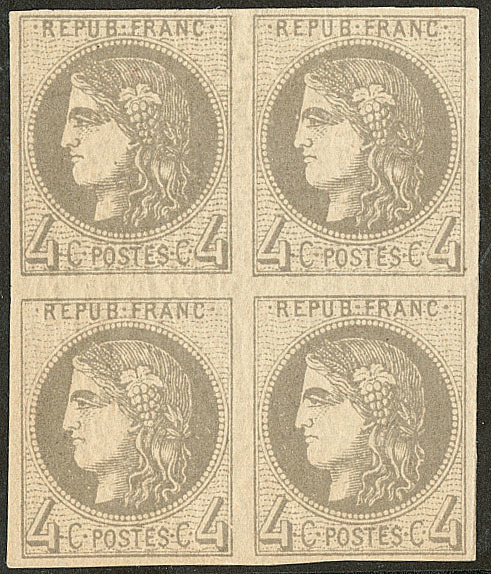 ** No 41IIa, Gris Jaunâtre, Bloc De Quatre (pos. 11-12/1-2). - TB. - R - 1870 Bordeaux Printing