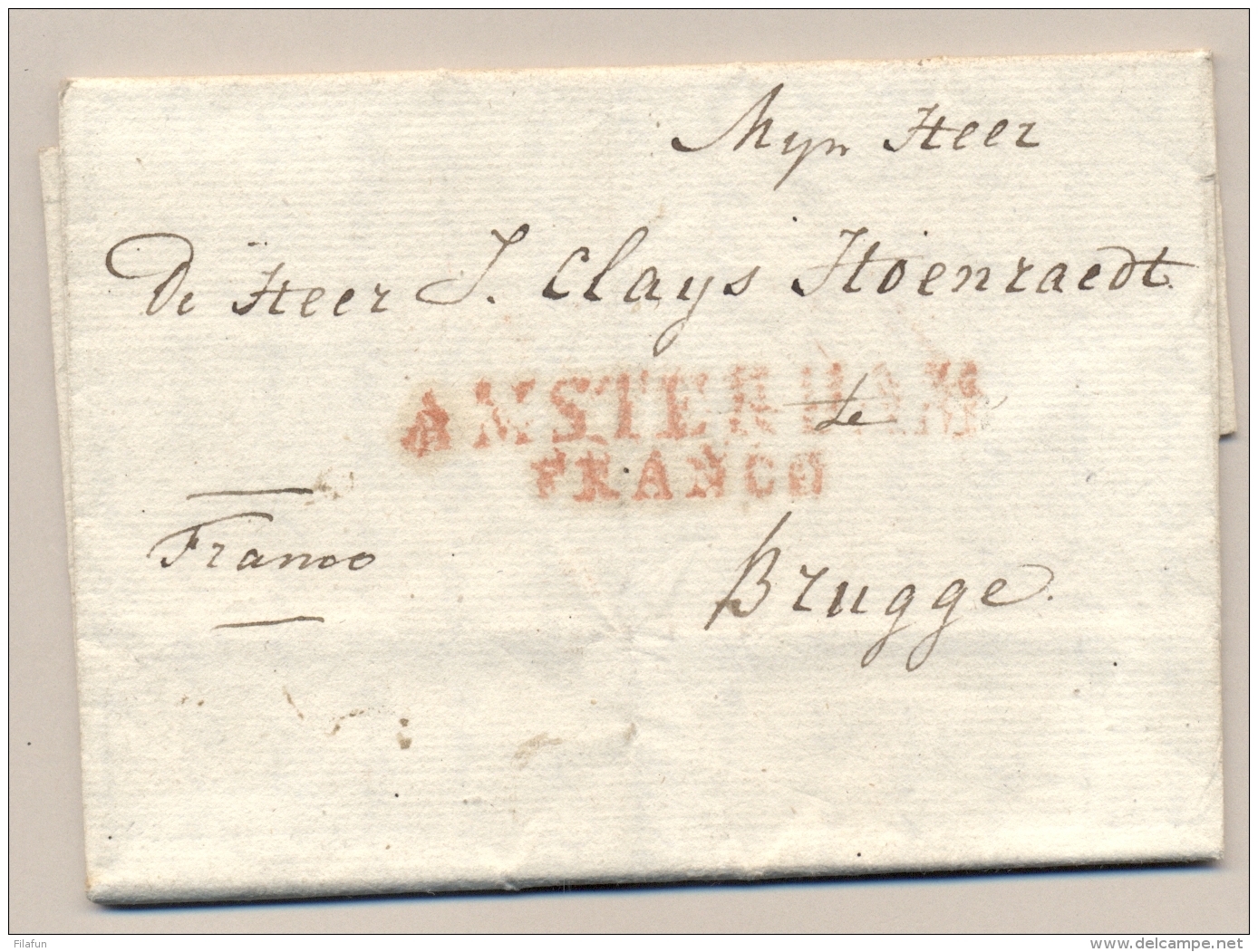 Nederland - 1820 - Complete Vouwbrief Van AMSTERDAM / FRANCO Naar Brugge - ...-1852 Voorlopers