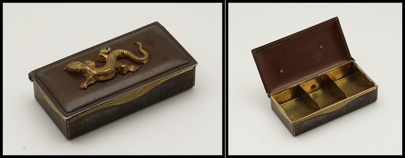 Boîte En Acier Avec "Lézard" En Relief Sur Couvercle, 3 Comp. Laiton, 80x40x20mm. - TB - Stamp Boxes