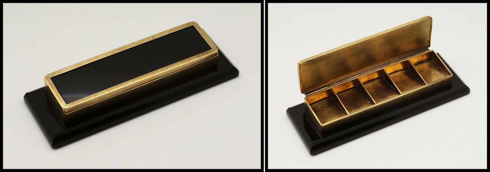 Boîte En Opaline Noire, Cerclage Et 5 Comp. En Laiton Doré, 165x60x25mm. - TB - Stamp Boxes