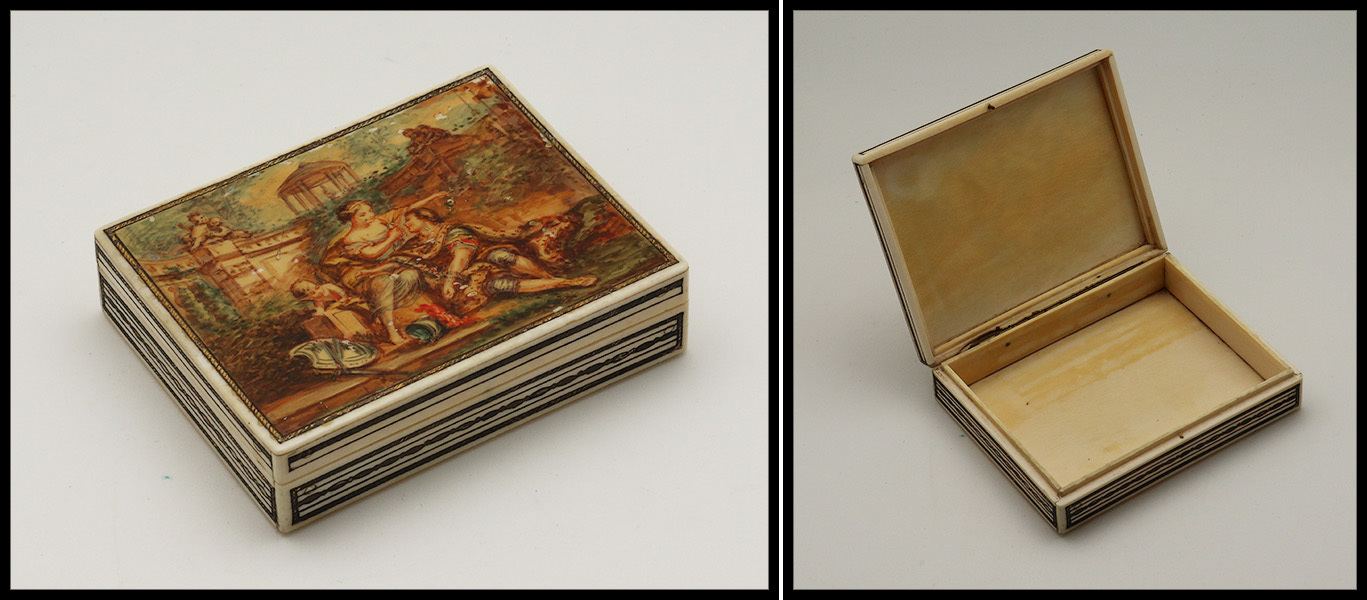 Boîte En Ivoire à Fin Décor Romantique Peint Sur Le Couvercle, 1 Comp., 97x77x23mm, Superbe. - RR (cf. BB P.62) - Stamp Boxes