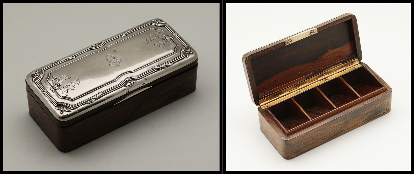 Boîte En ébène De Macassar, Couvercle En Argent, Poinçons, 4 Comp., 110x50x35mm, Superbe. - R - Stamp Boxes