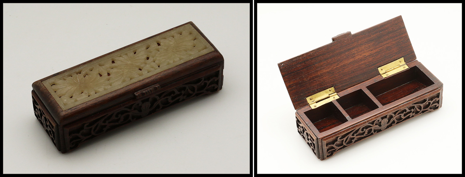 Boîte Palissandre, Fleurs En Jade Sculptées Sur Couvercle, Marquée "China", 3 Comp., 126x45x30mm. - TB - Stamp Boxes