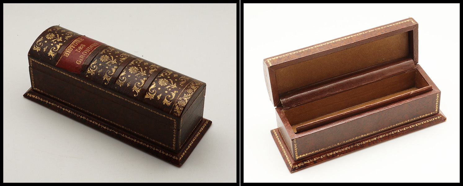 Boîte En Cuir Marron En Forme De Tranche De Livre, Marquée "Histoire Des Girondins", 1 Comp., 160x50x60 Mm. - TB - Stamp Boxes