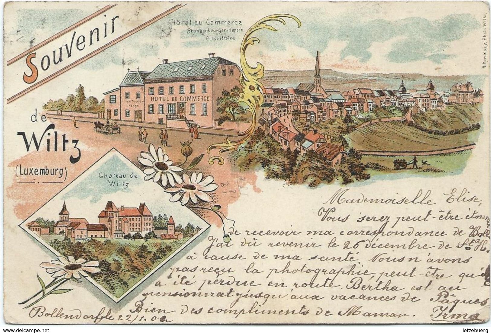 Wiltz (Wolz) - Lithographie Avec Hôtel Du Commerce Et Château (ca. 1902) - Wiltz