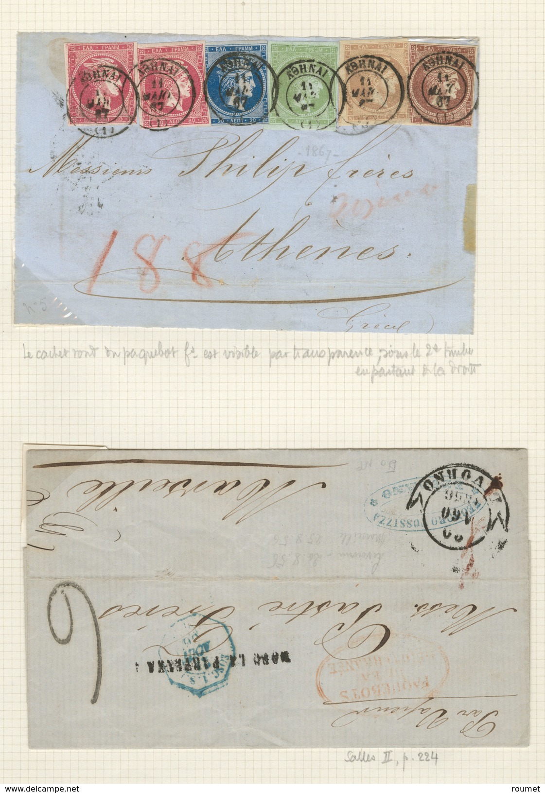 GRECE. Collection. Oblitérations De La Méditerranée 1861-1882 (Poste), Environ 200 Détachés Et 21 Plis, Dont Alexandrie, - Other & Unclassified