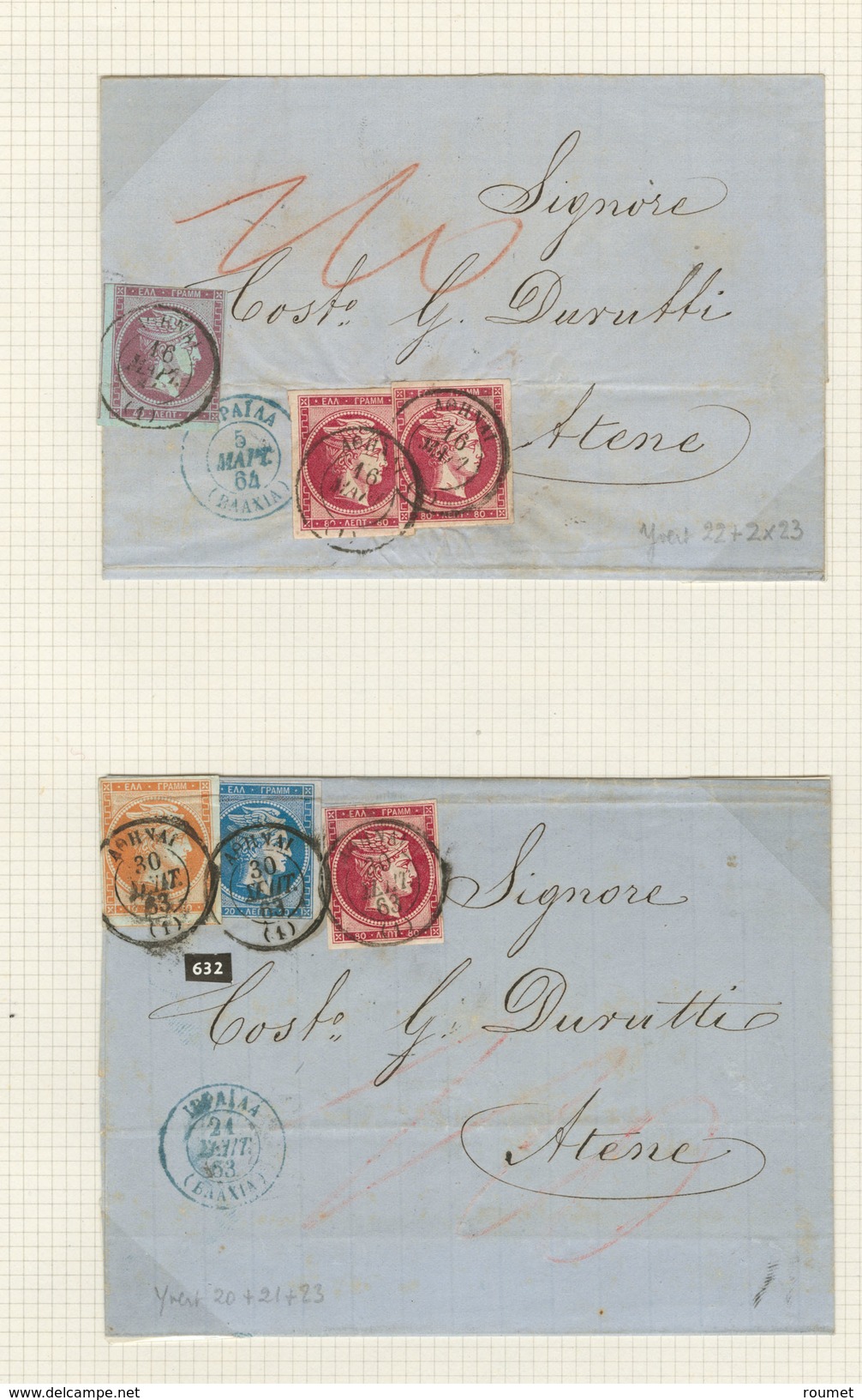 GRECE. Collection. Oblitérations de la Méditerranée 1861-1882 (Poste), environ 200 détachés et 21 plis, dont Alexandrie,