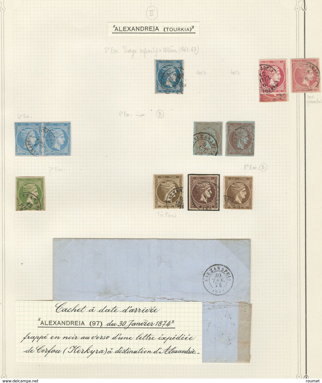 GRECE. Collection. Oblitérations de la Méditerranée 1861-1882 (Poste), environ 200 détachés et 21 plis, dont Alexandrie,