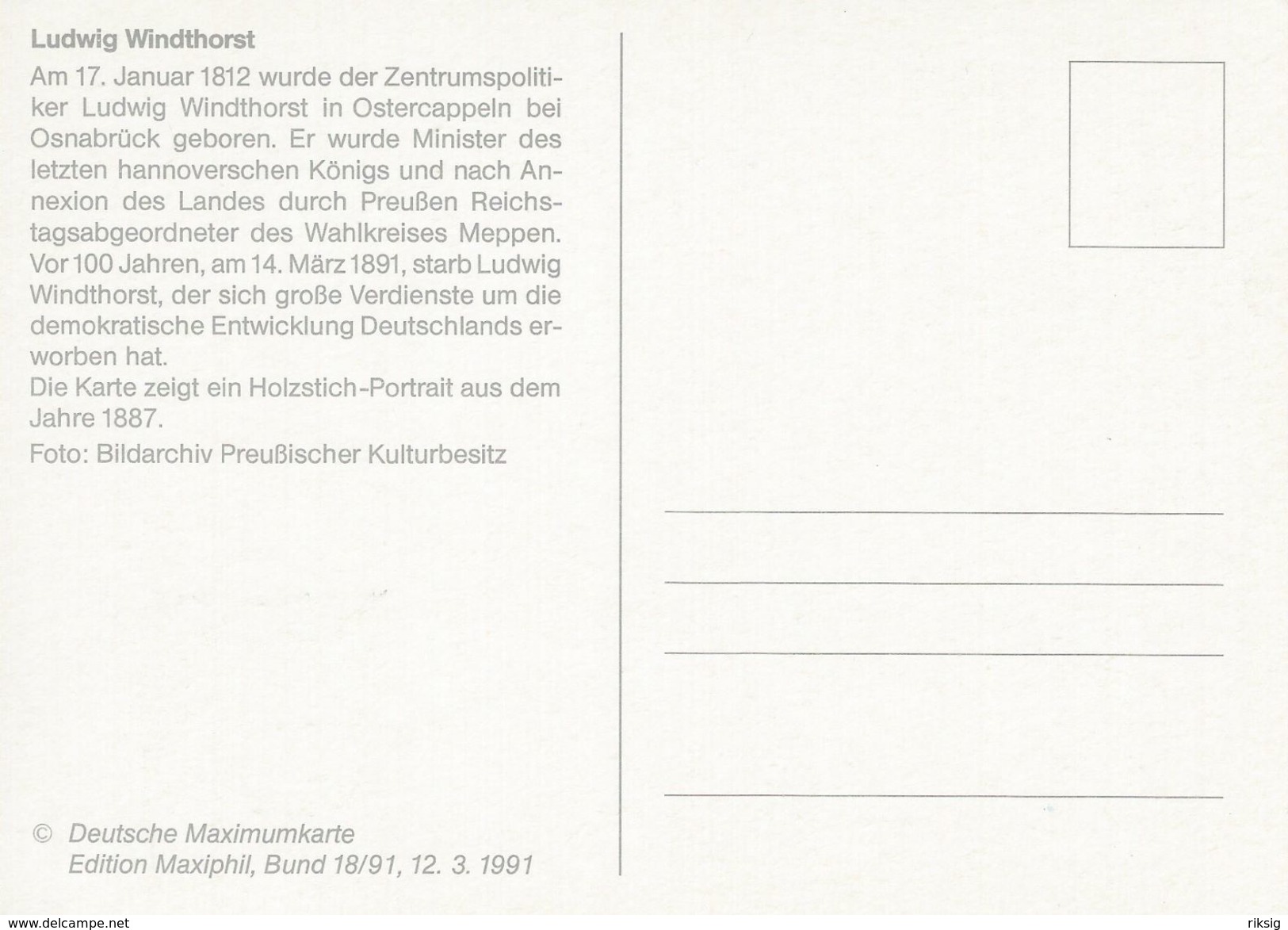 Germany -  Death Centenary Of Ludwig Windthorst  (Politician)  Maximumcard.  # 07146 - People