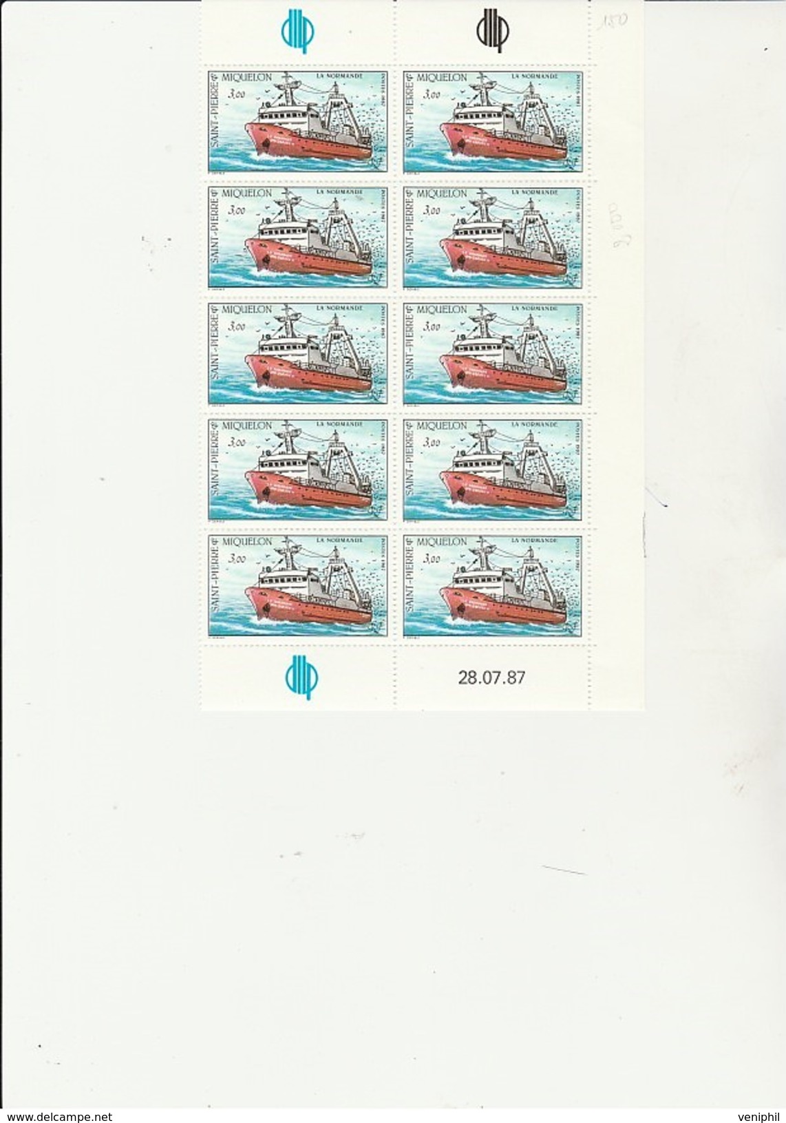 ST PIERRE ET MIQUELON   - FRAGMENT DE FEUILLE DE 10TIMBRES N° 482 - ANNEE 1987  - COIN DATE - COTE : 36 &euro; - Unused Stamps