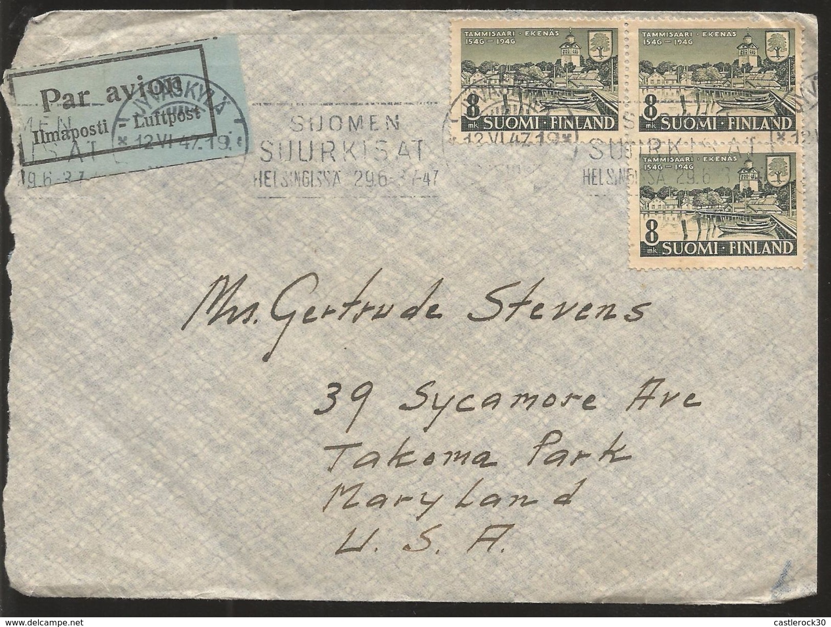 A) 1947 FINLAND, TOWN OF TAMISAARI, SEA, ARCHITECTURE, BOAT, CIRCULATED COVER FROM FINLAND TO USA. - Oblitérés