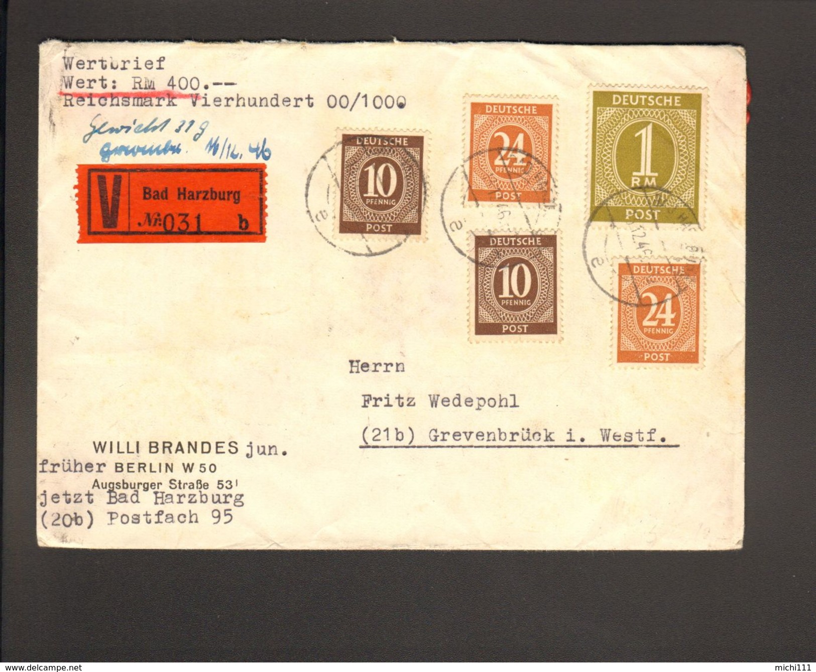 Alli.Bes.Wertbrief M.2 X 10,2 X 24 Pfg.u.1RM Ziffer Portogerecht V.1946 Aus Bad Harzburg - Sonstige & Ohne Zuordnung