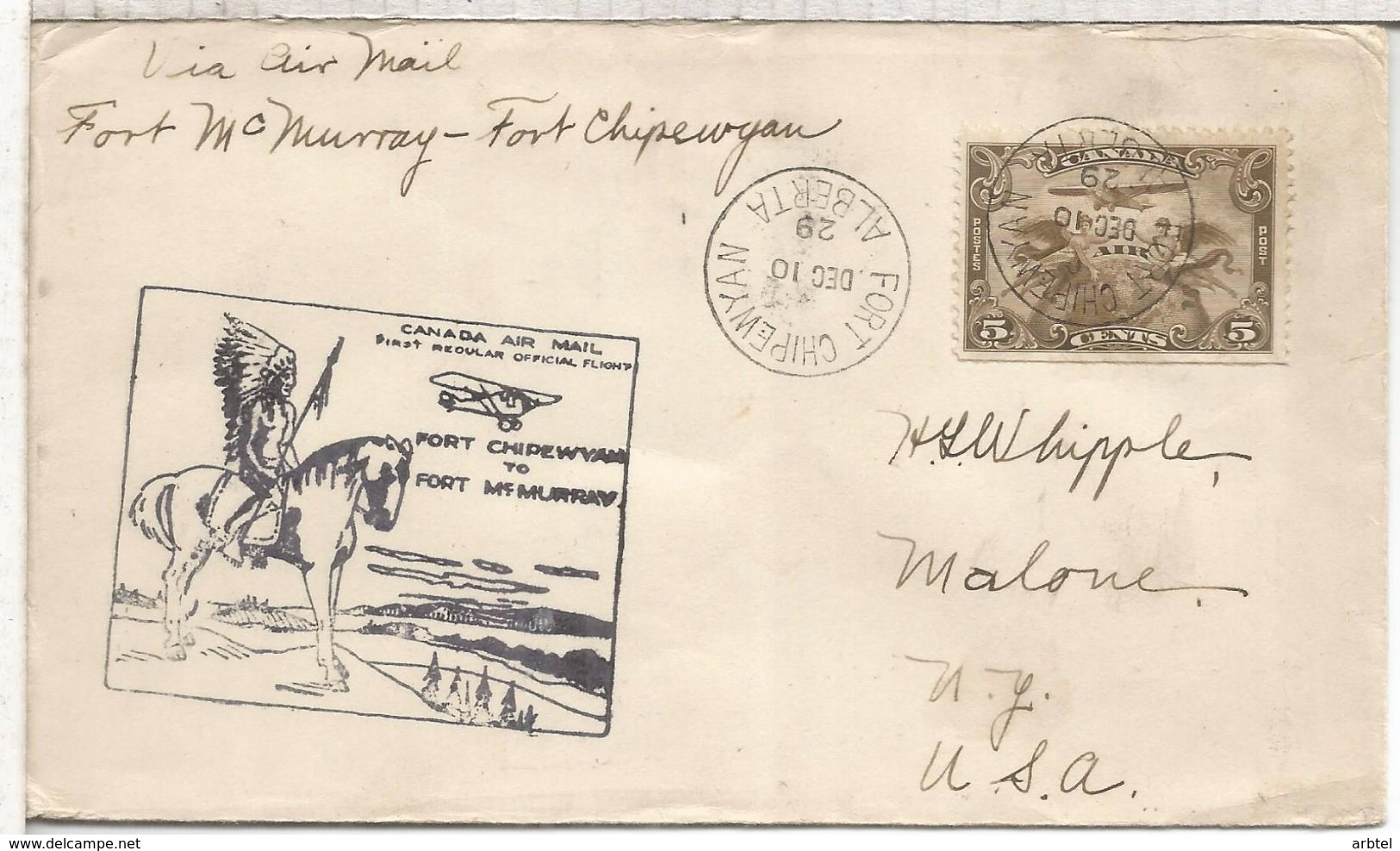 CANADA 1929 FIRST FLIGHT PORT CHIPEWYAN TO FORT MCMURRAY MARCA NATIVO AMERICANO - American Indians