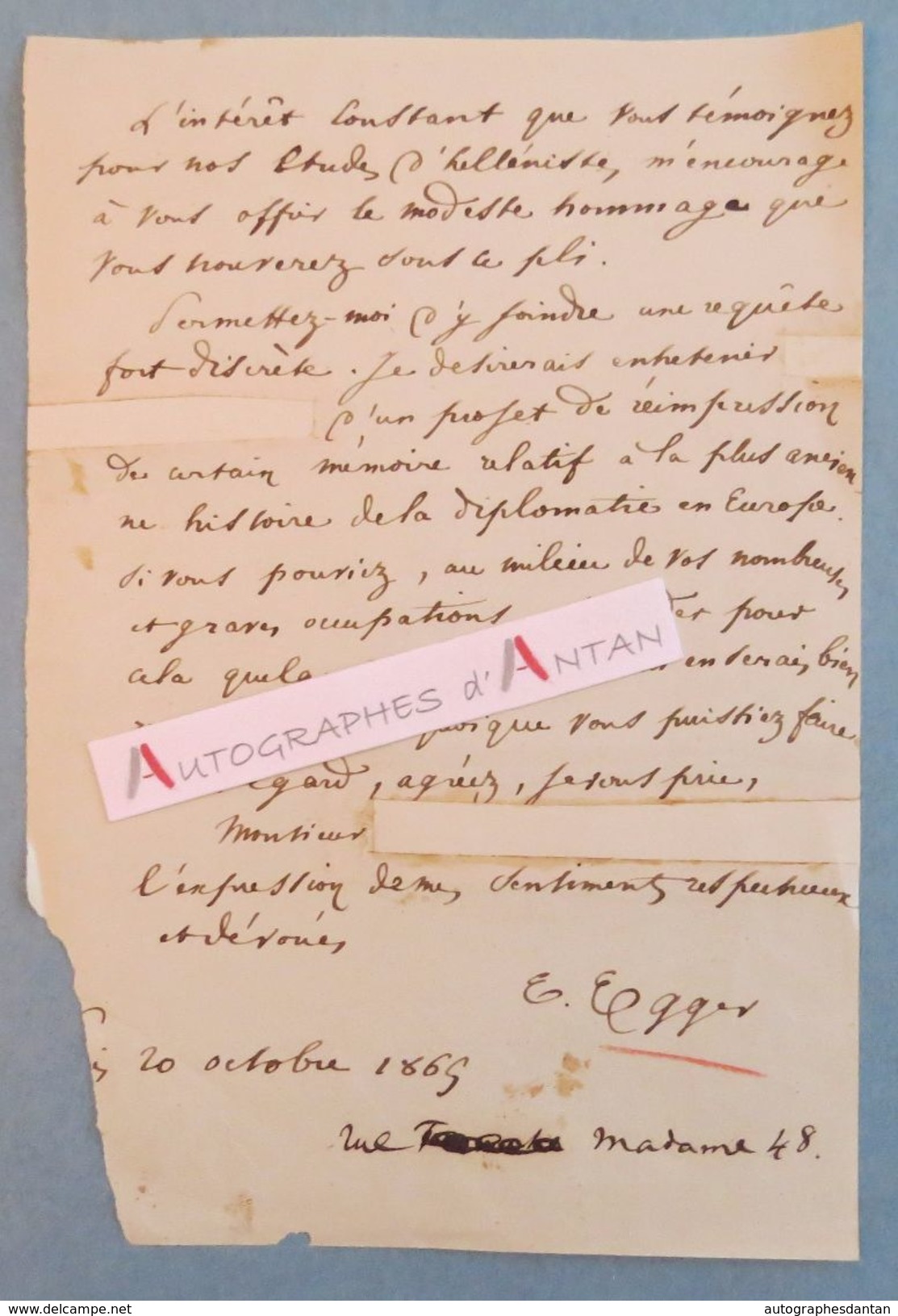 L.A.S 1869 Emile EGGER - Helléniste - Paris (rue Madame) - Royat - Lettre Autographe LAS - Andere & Zonder Classificatie