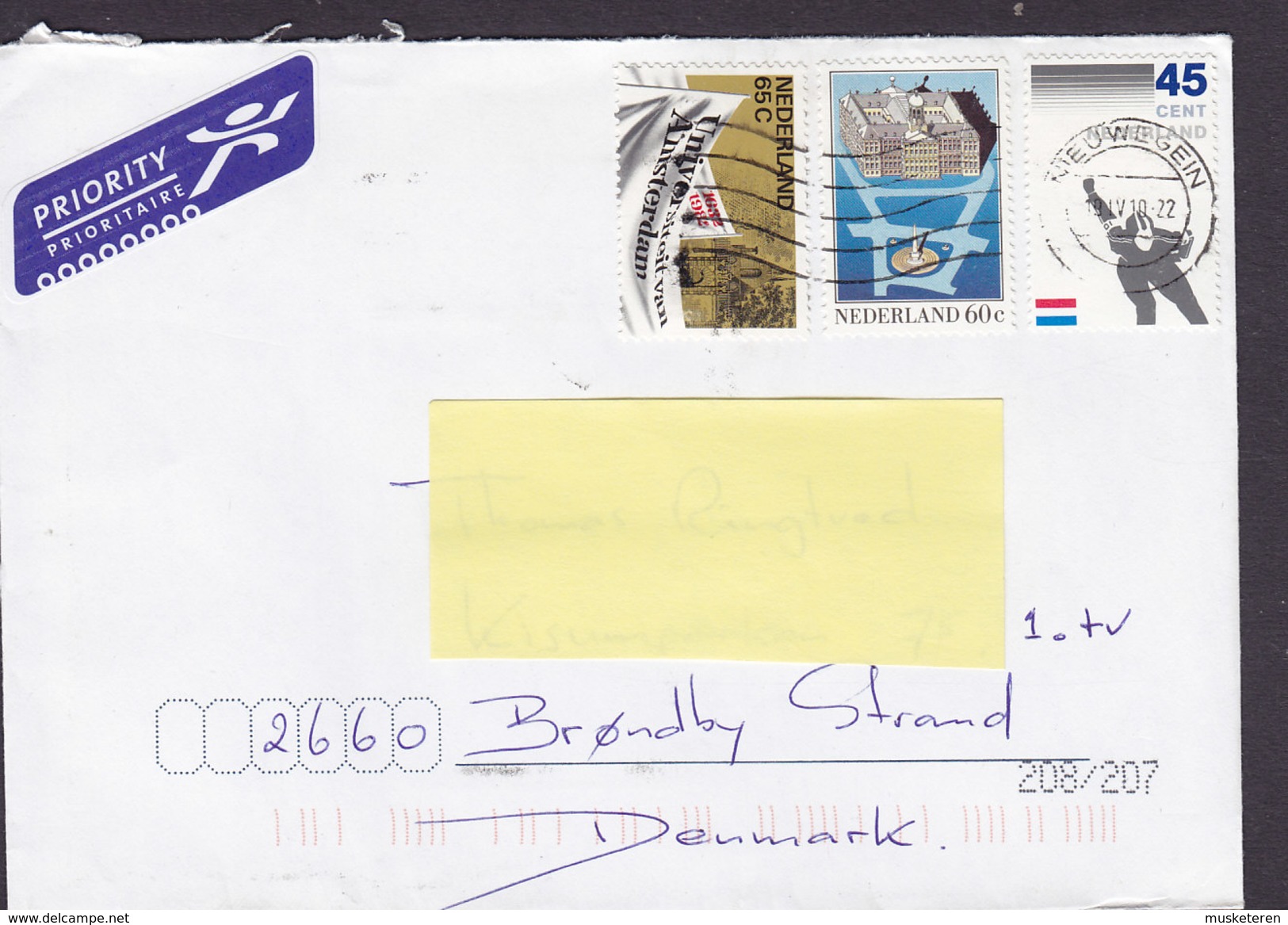 Netherlands PRIORITY Prioritaire Label NEUWEGEIN 2010 Cover Brief BRØNDBY STRAND Denmark Iceskating Universität - Storia Postale