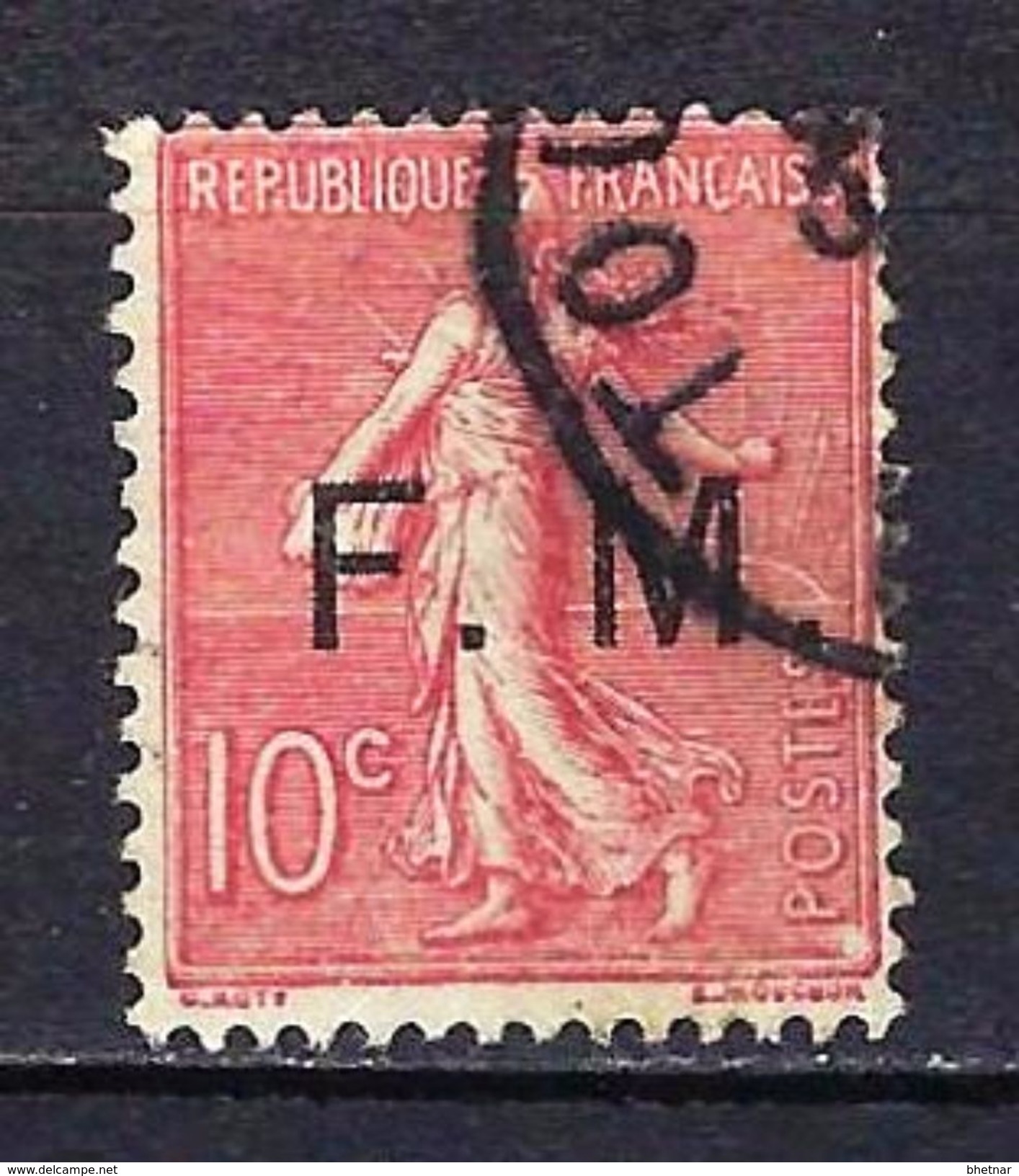 FR Franchise YT 4 " Semeuse Lignée 10c. Rose Surch. " 1906-07 Oblitéré - Timbres De Franchise Militaire