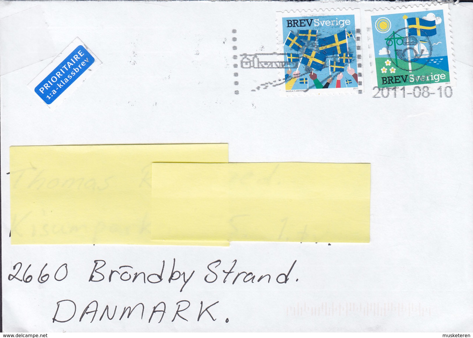 Sweden PRIORITAIRE 1:a-Klassbrev Label 2011 Cover Brief BRØNDBY STRAND Denmark National Flag Stamps - Cartas & Documentos
