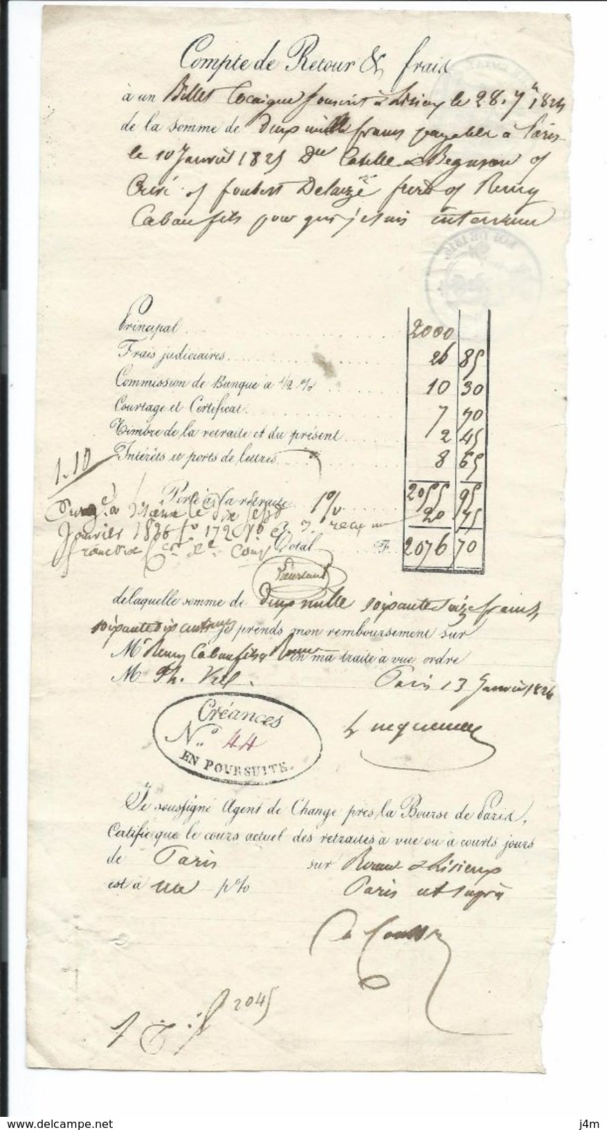 LETTRE De CHANGE..COMPTE De RETOUR Et FRAIS 1826..Agent De Change Près Bourse De Paris..CACHET TIMBRE ROYAL 25c SEINE - Lettres De Change