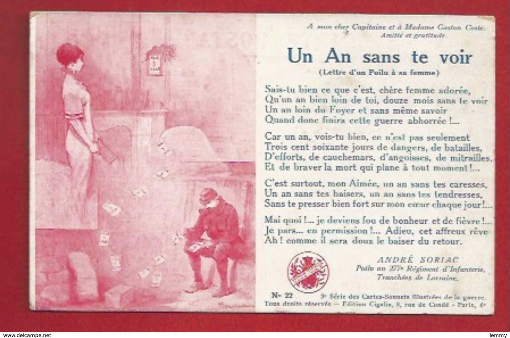 MILITARIA - GUERRE 1914-18 - ILLUSTRATEUR - LETTRE D'UN POILU À SA FEMME - UN AN SANS TE VOIR -CARTES SONNETS ILLUSTREES - Guerre 1914-18