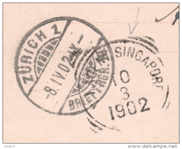 Nederlands Indië - 1902 - 7,5 Cent Briefkaart Van ? Via VK PALEMBANG En NI AGENT SINGAPORE Naar Zürich / Schweiz - Nederlands-Indië