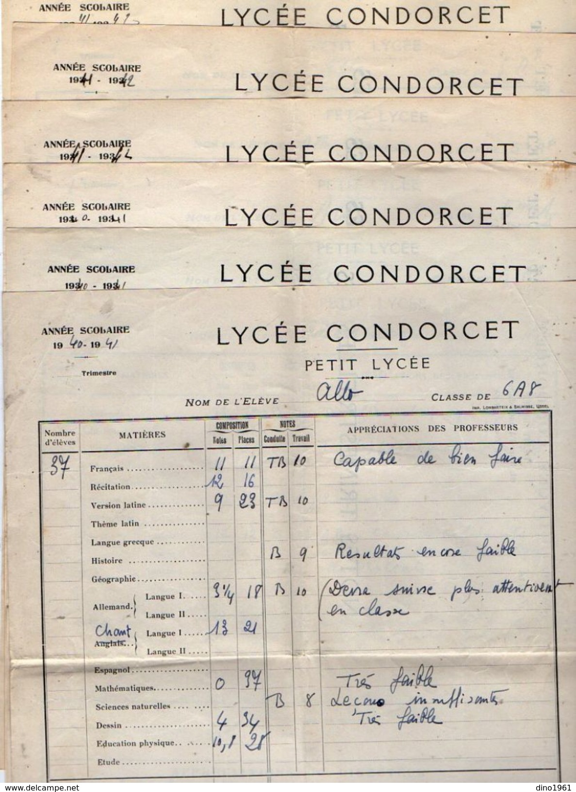 VP10.808 - PARIS - Lycée Condorcet - 6 Bulletins Scolaires - Elève ALLO - Diplomi E Pagelle