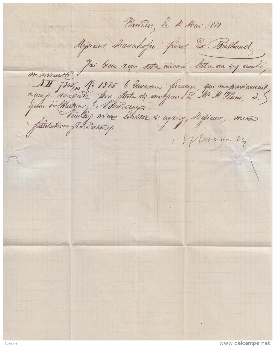 SCHWEIZ 1881 - 10 F Auf Faltbrief Gel.1881 V.Verriere &gt; Burgdorf? - Briefe U. Dokumente