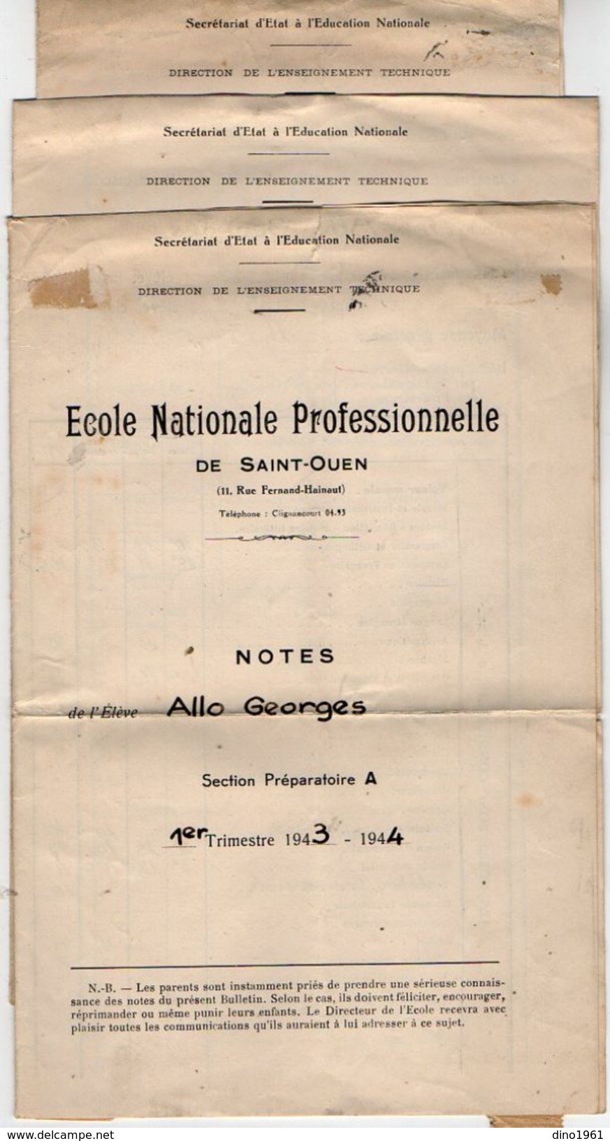 VP10.810 - Ecole Nationale Professionnelle De SAINT - OUEN - 3 & 1 Note Bulletins Scolaires - Elève ALLO - Diplômes & Bulletins Scolaires