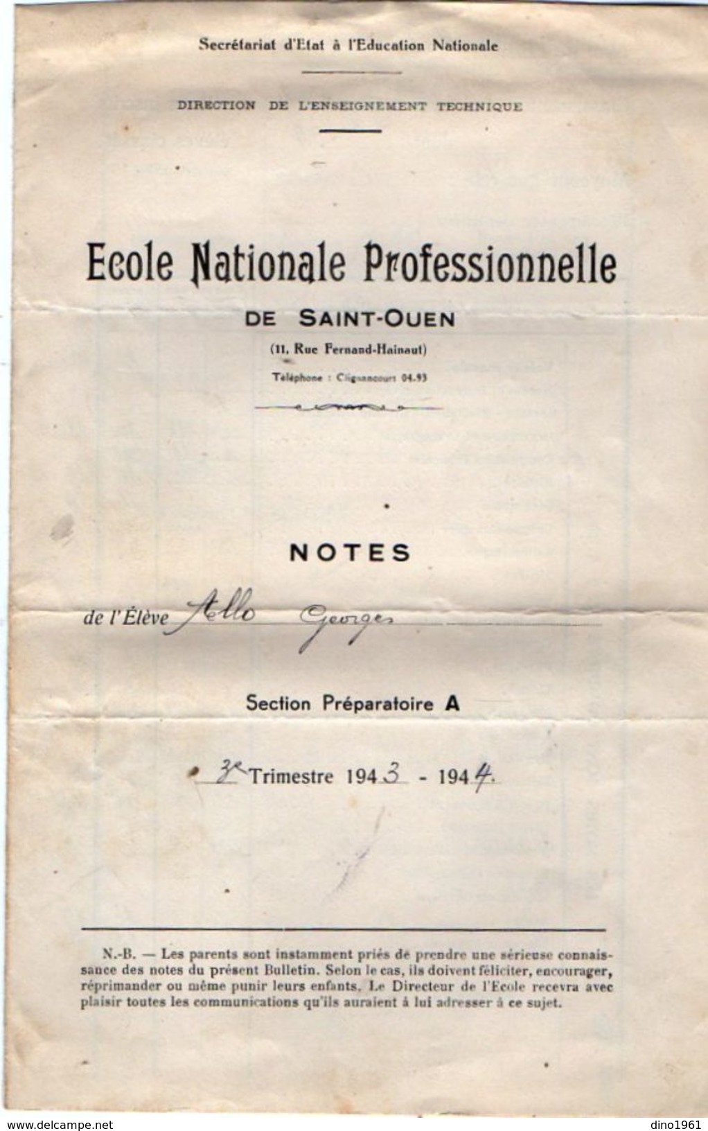 VP10.810 - Ecole Nationale Professionnelle De SAINT - OUEN - 3 & 1 Note Bulletins Scolaires - Elève ALLO - Diplômes & Bulletins Scolaires