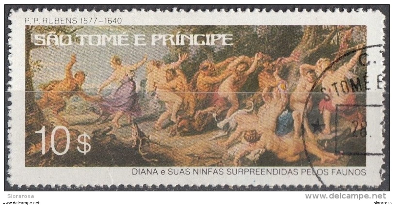 443 S. Tomè E Principe 1977 " Diana E Le Sue Ninfe Sorprese.. " Quadro Dipinto Da P.P. Rubens  Paintings Tableaux Prince - Rubens