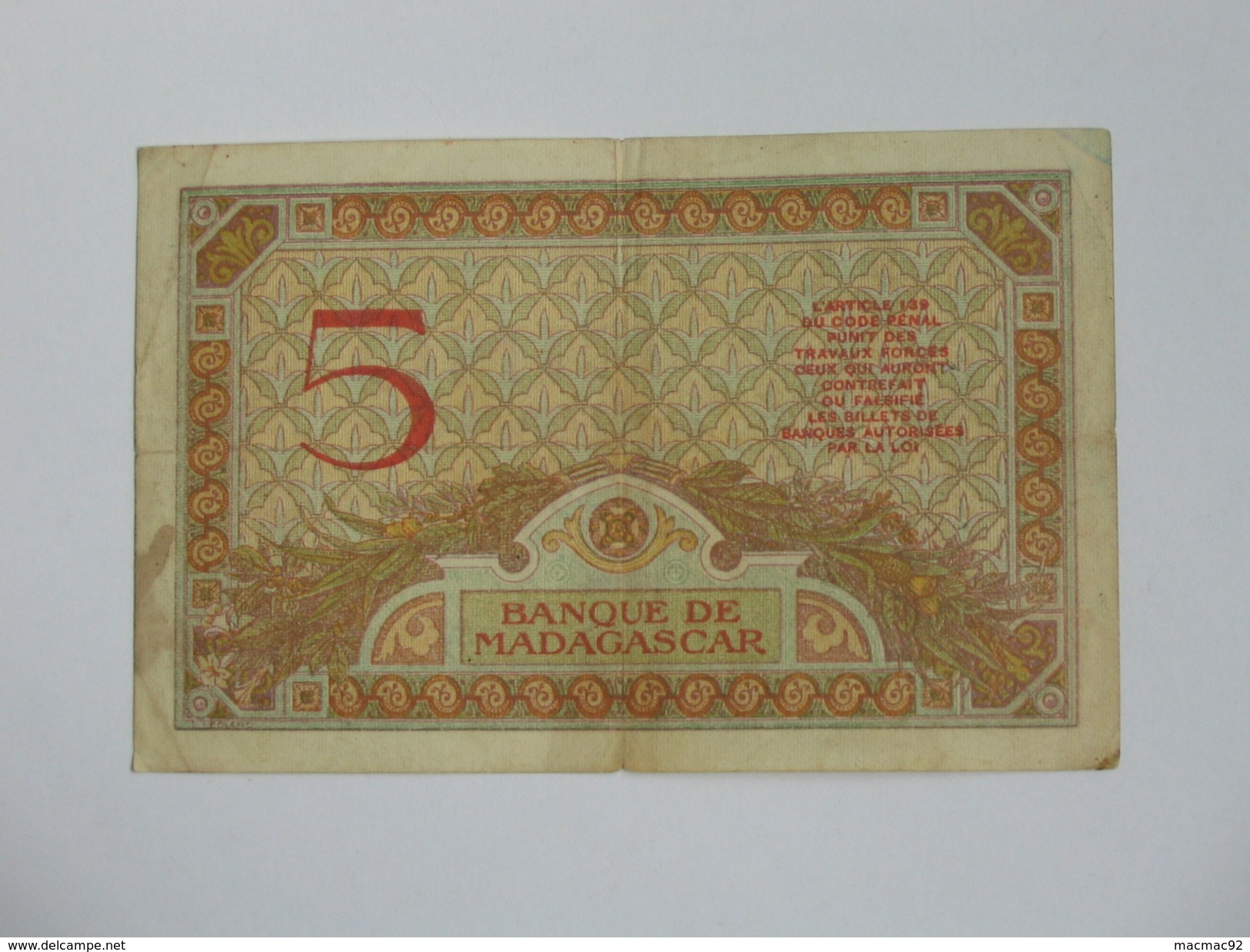 5 Francs 1937- Sans Date - MADAGASCAR - Banque De Madascar - **** EN ACHAT IMMEDIAT  **** - Madagascar