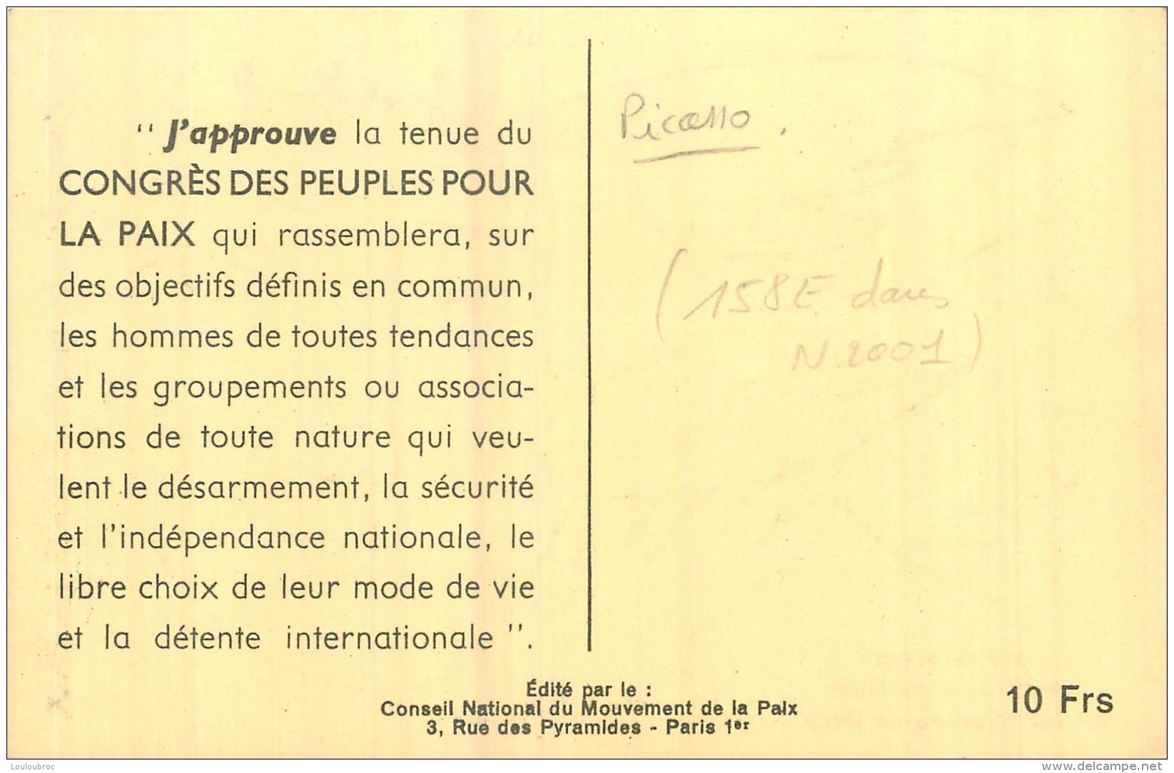 PICASSO CONGRES DES PEUPLES POUR LA PAIX - Non Classés